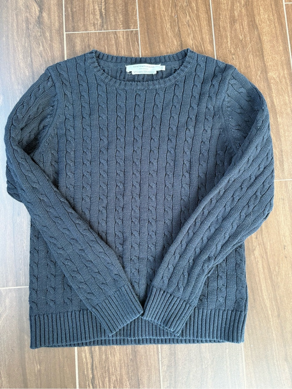 Black Cable Knit Crewneck Sweater Medium Cotton Blend Classic Preppy Women's M - Picture 3 of 6